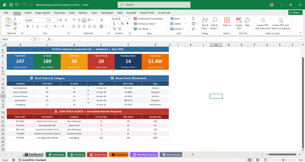 Manufacturing Inventory Management System (Excel VBA)